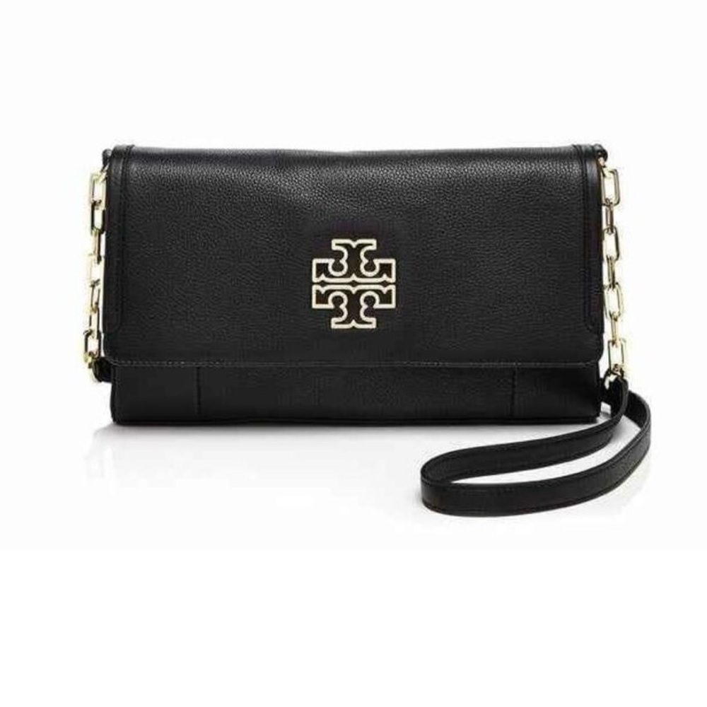 Tory Burch Britten Fold Over Messenger Black Leather Crossbody Purse